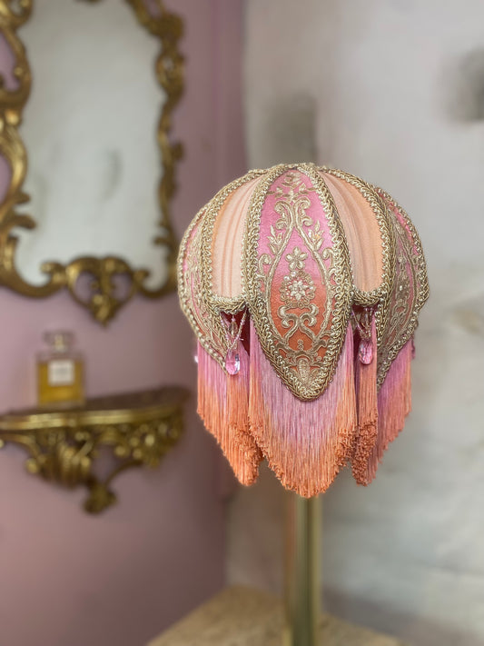 Pink, orange and peach silk hand-stitched lotus flower lampshade