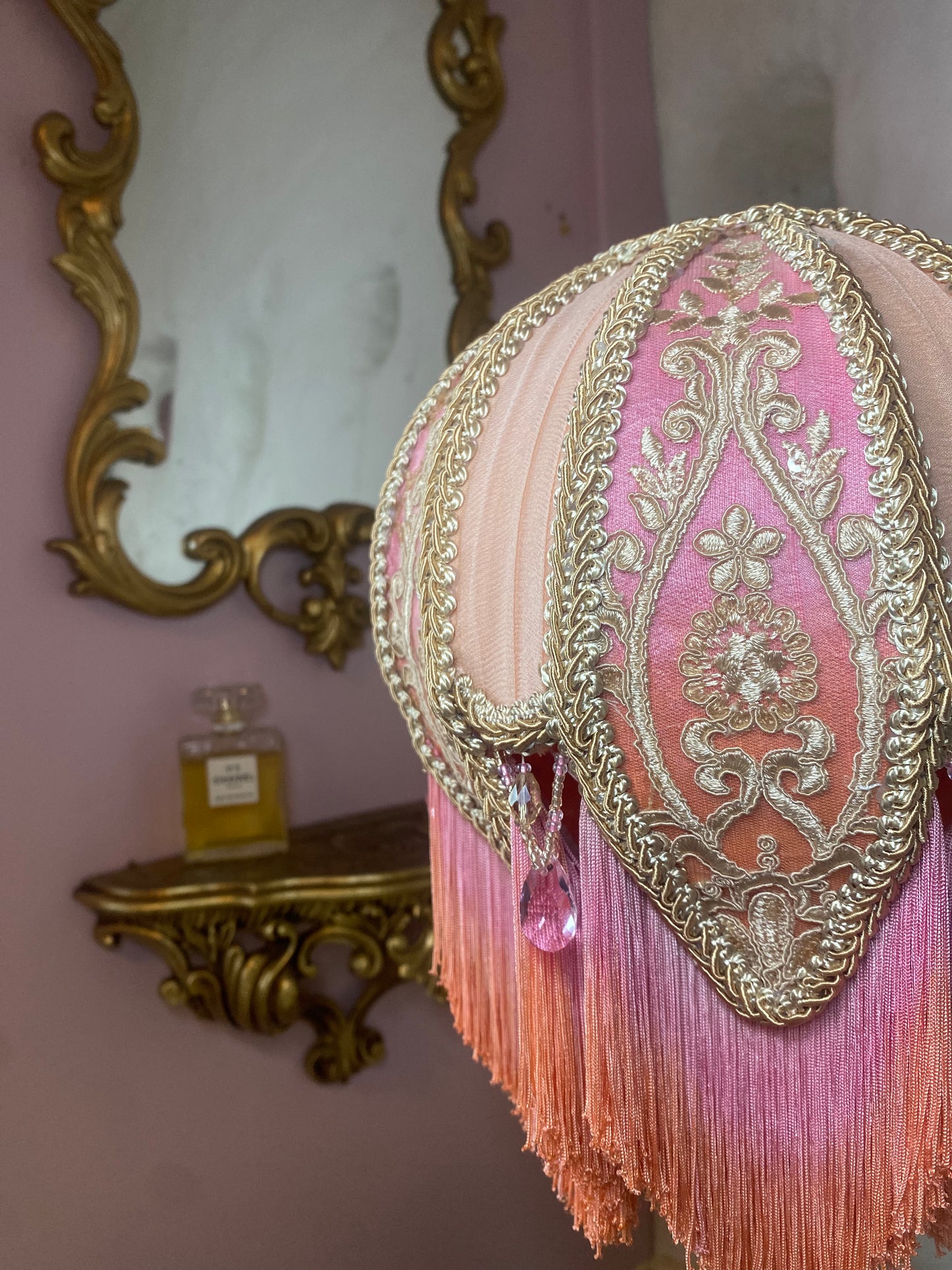 Pink, orange and peach silk hand-stitched lotus flower lampshade