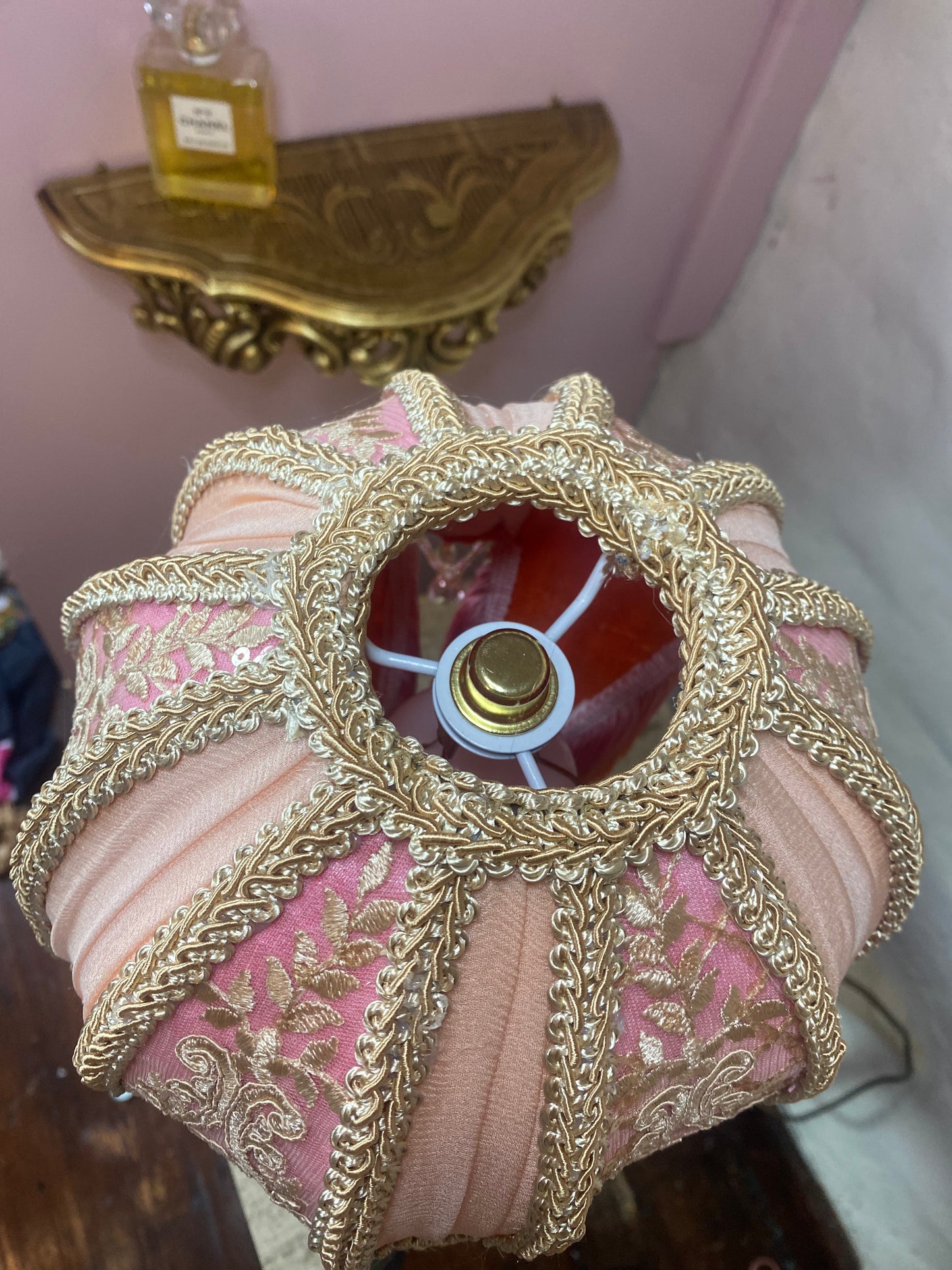 Pink, orange and peach silk hand-stitched lotus flower lampshade