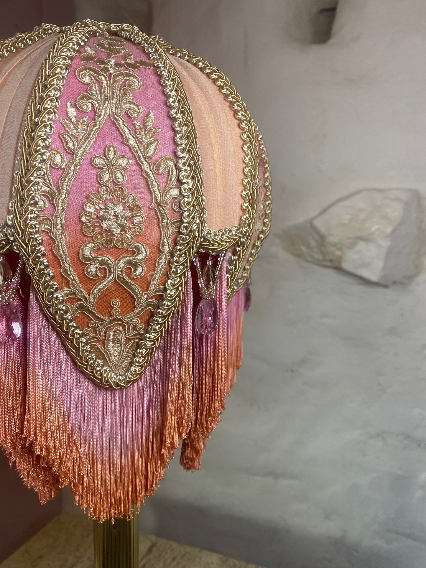 Pink, orange and peach silk hand-stitched lotus flower lampshade