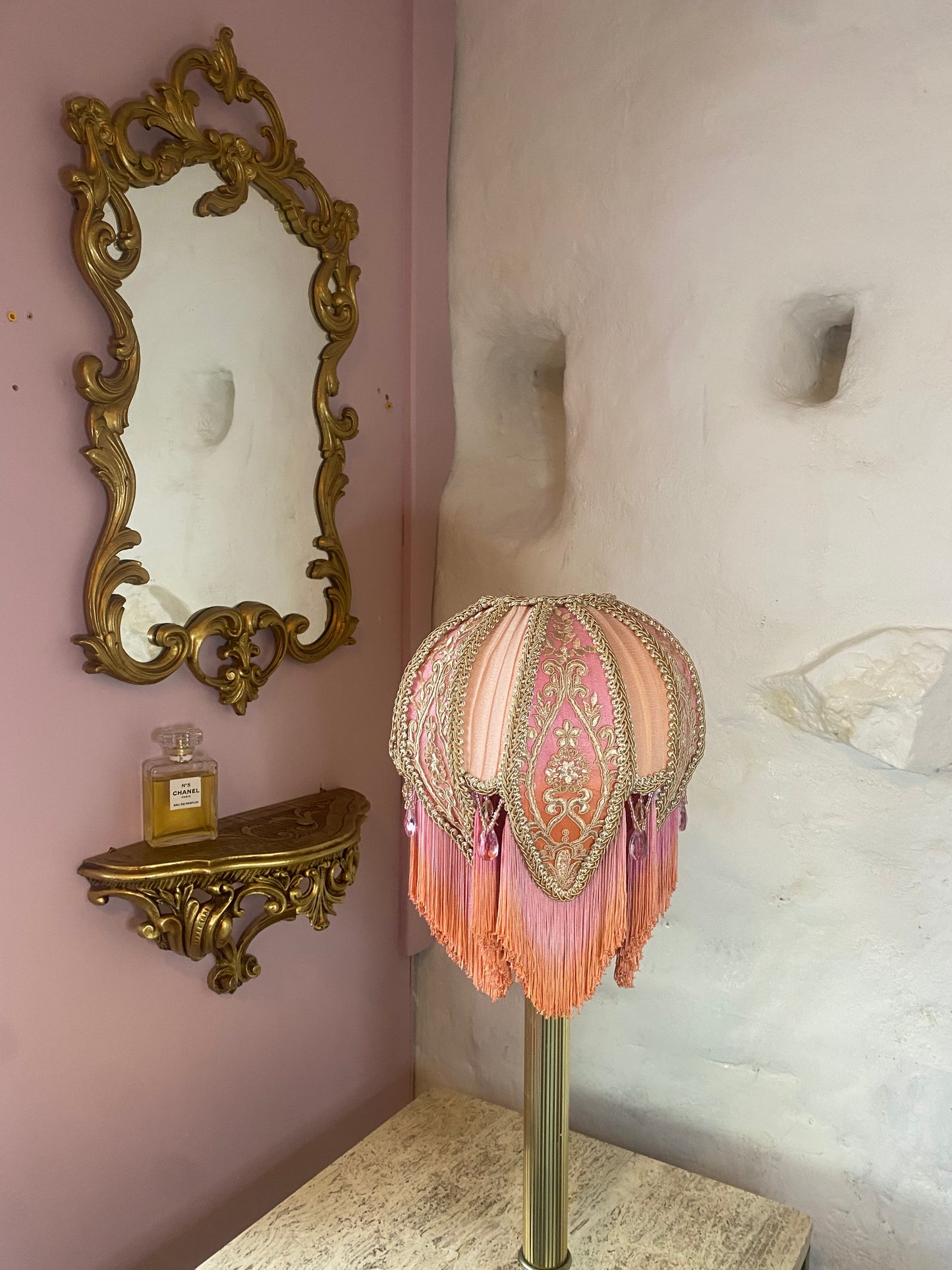 Pink, orange and peach silk hand-stitched lotus flower lampshade