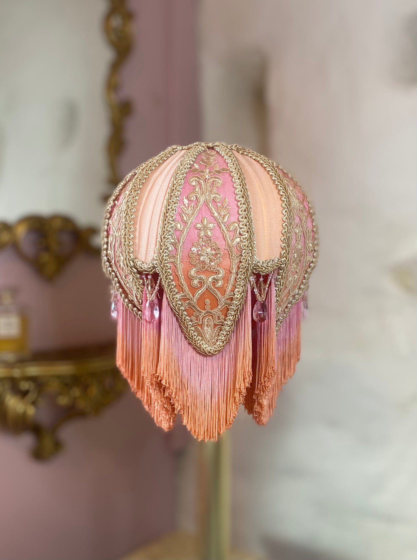Pink, orange and peach silk hand-stitched lotus flower lampshade