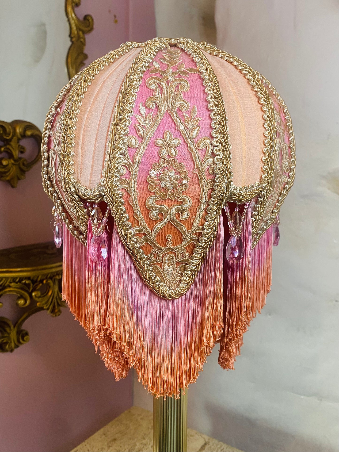 Pink, orange and peach silk hand-stitched lotus flower lampshade
