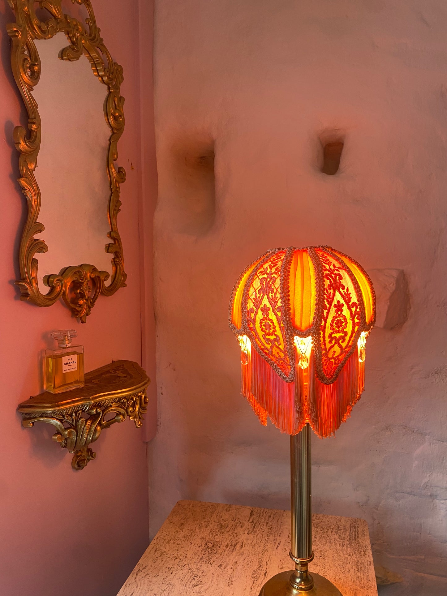 Pink, orange and peach silk hand-stitched lotus flower lampshade