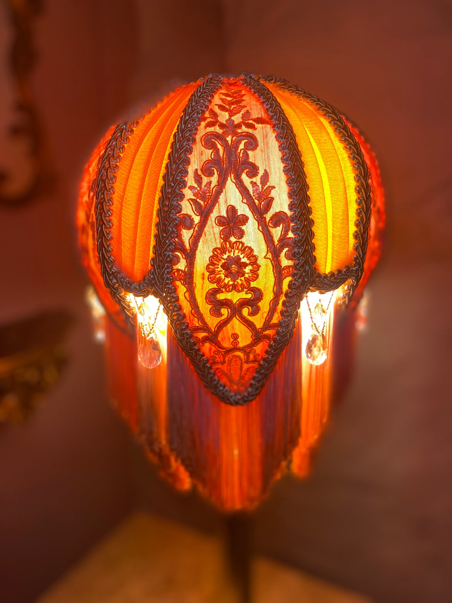 Pink, orange and peach silk hand-stitched lotus flower lampshade