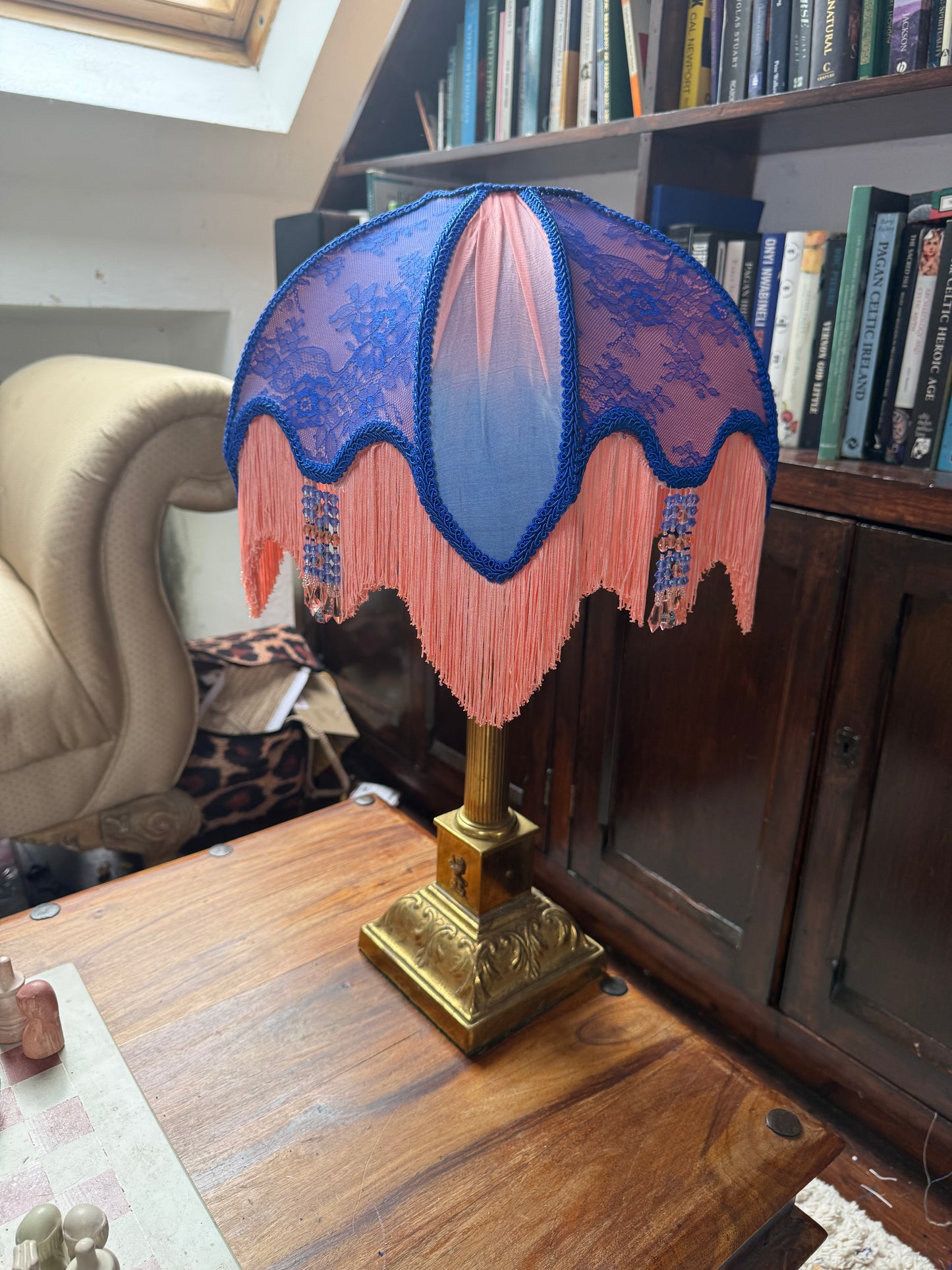 Coral & Blue drawing room shade